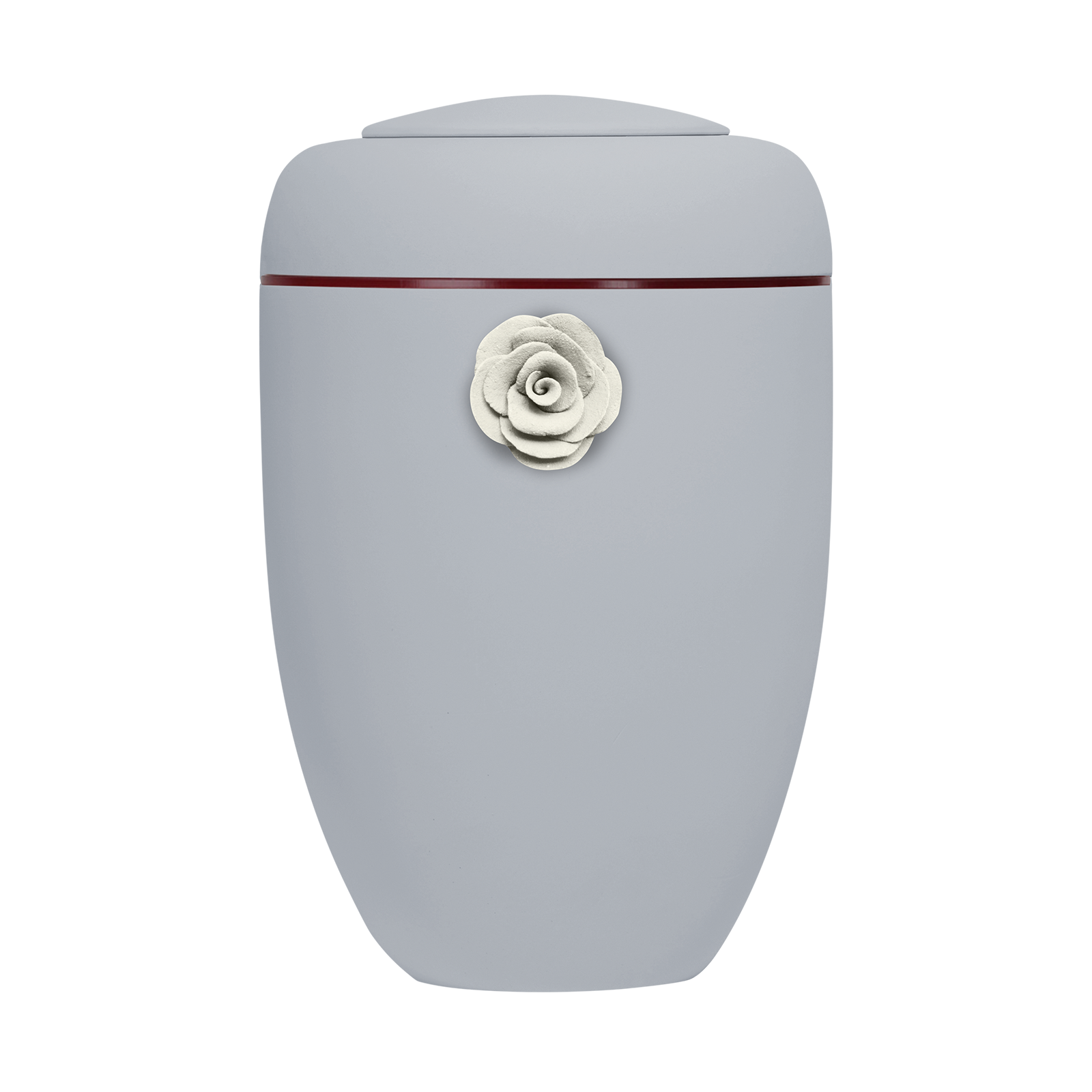 Hellgraue Symbol-Urne mit weißer Tonrose und roter Plexiglasscheibe